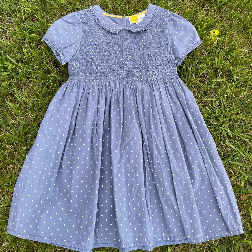 Mini Boden Blue and White Smocked Puff Sleeve Dress